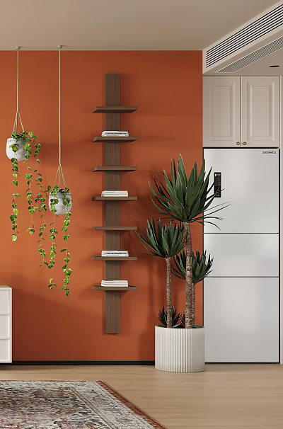 Hanging Potted Plants And Large Greenery On Orange Wall With Wooden Shelves And White Refrigerator 3d model