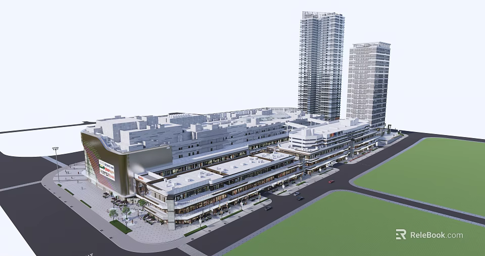 Modern Urban Commercial Street With Multi Story Shops And Surrounding Tall Buildings 3d model 
