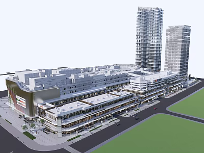 Modern Urban Commercial Street With Multi Story Shops And Surrounding Tall Buildings 3d model