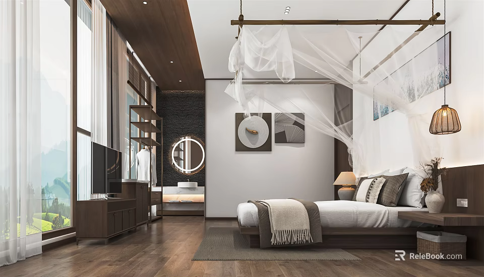 Modern Hotel Guest Room With White Canopy Bed Round Mirror Decorative Paintings And Natural Light 3d model 