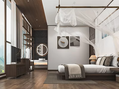 Modern Hotel Guest Room With White Canopy Bed Round Mirror Decorative Paintings And Natural Light 3d model