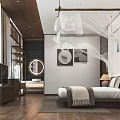 Modern Hotel Guest Room With White Canopy Bed Round Mirror Decorative Paintings And Natural Light
