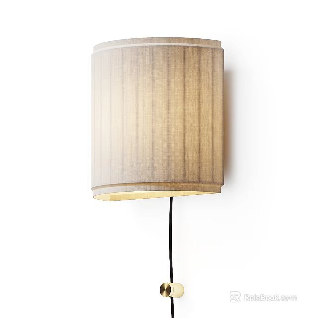 Beige Cylindrical Striped Fabric Wall Lamp With Black Cord On White Wall 3d model 