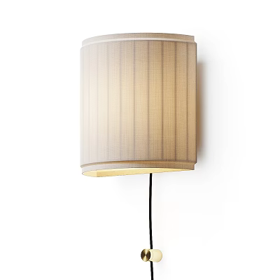 Beige Cylindrical Striped Fabric Wall Lamp With Black Cord On White Wall 3d model
