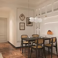 Modern Living and Dining Room with Beige Sofa Round Bulb Chandelier Black Beige Rug and Wooden Flooring