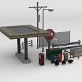 Road Facilities With Bus Stop Shelter Street Lamp Gas Sign Construction Cones And Bench