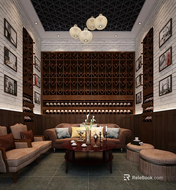 Hotel Public Lounge Area With Wooden Wine Rack Sofa And Coffee Table Decorative Paintings 3d model 