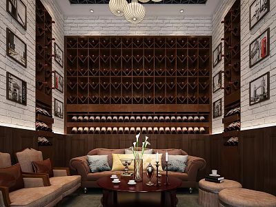 Hotel Public Lounge Area With Wooden Wine Rack Sofa And Coffee Table Decorative Paintings 3d model