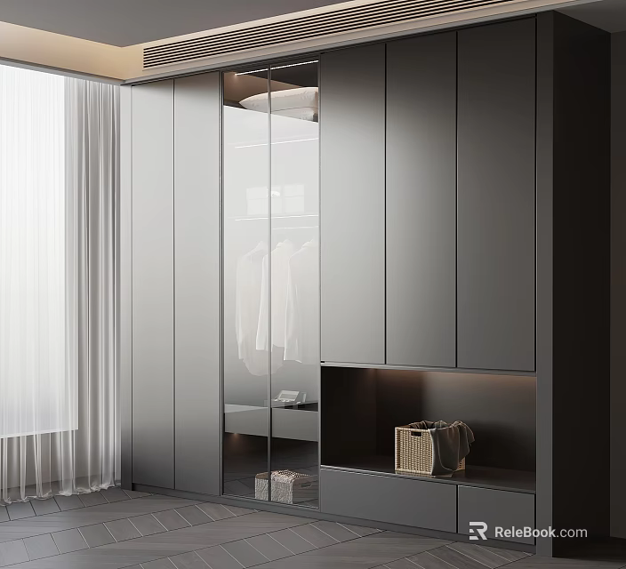 Elegant Modern Gray Wardrobe With Glass Door Storage Drawers And Open Compartment 3d model 