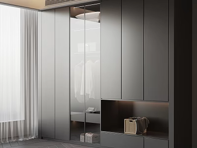 Elegant Modern Gray Wardrobe With Glass Door Storage Drawers And Open Compartment 3d model