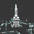 Park Landscape Featuring Monument With Statue Surrounded By Fence And Street Lamps