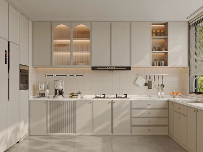 Modern Kitchen Interior With Light Gray Cabinets Open Shelving Coffee Machine And Countertop 3d model