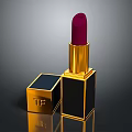 Woman Applying Luxury Red Lipstick with Golden Case and TF Logo Packaging