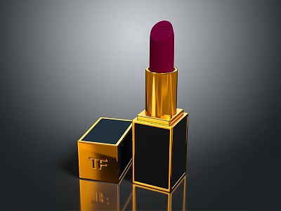 Woman Applying Luxury Red Lipstick with Golden Case and TF Logo Packaging 3d model