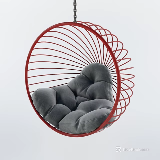 Comfortable Hanging Chair With Red Circular Frame And Soft Gray Cushion 3d model 