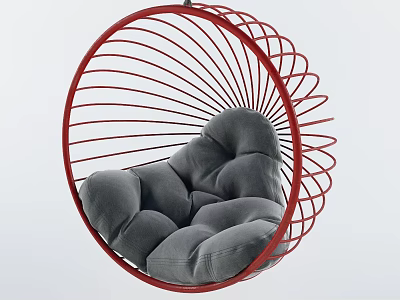 Comfortable Hanging Chair With Red Circular Frame And Soft Gray Cushion 3d model