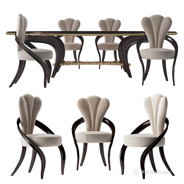 Modern Elegant Dining Table Set With Curved Beige Fabric Chairs And Dark Wood Legs 3d model 