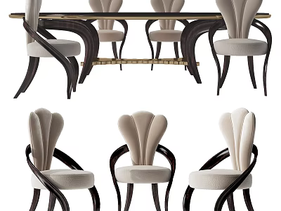 Modern Elegant Dining Table Set With Curved Beige Fabric Chairs And Dark Wood Legs 3d model