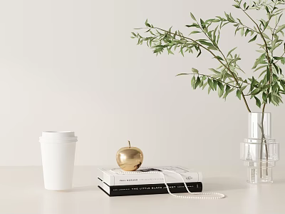 Decorative Ornament Set With White Cup Golden Apple Books Clear Vase On White Table 3d model