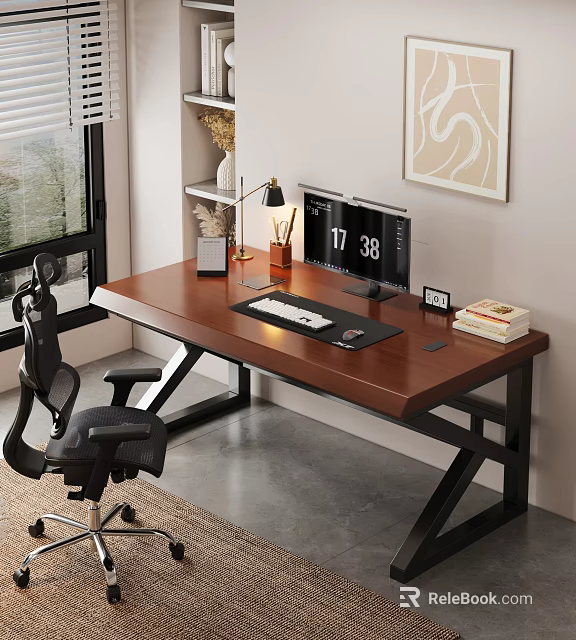 Modern Wooden Office Desk With Dual Monitors Black Chair And Desk Lamp 3d model 