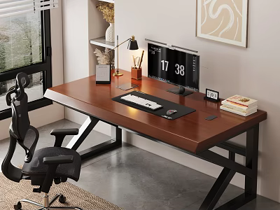 Modern Wooden Office Desk With Dual Monitors Black Chair And Desk Lamp 3d model