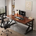 Modern Wooden Office Desk With Dual Monitors Black Chair And Desk Lamp