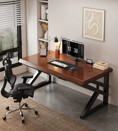 Modern Wooden Office Desk With Dual Monitors Black Chair And Desk Lamp 3d model