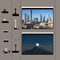 Wall Mounted Projection Monitoring Equipment With Dual Screens Displaying Cityscape And Mountain View