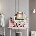 Pink Dressing Table Interior With Organized Cosmetics Skincare And Round Mirror