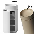 Modern White And Beige Washbasins With Cylindrical Base Shelves And Black Faucets