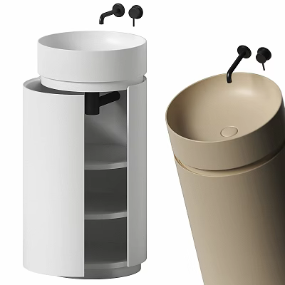 Modern White And Beige Washbasins With Cylindrical Base Shelves And Black Faucets 3d model