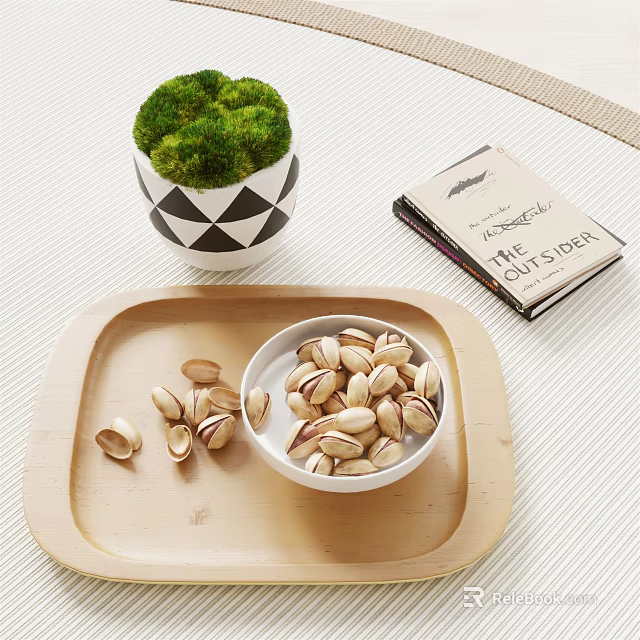 Decorative Ornament Set with Wooden Tray White Bowl Pistachios Moss Plant and Book 3d model 