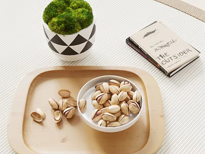 Decorative Ornament Set with Wooden Tray White Bowl Pistachios Moss Plant and Book 3d model