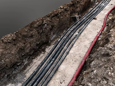 Underground Black and Red Pipes Laid in Soil and Concrete Construction Area 3d model