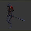 Blue Skinned Fantasy Game Character With Wolf Like Head Red Cape And Brown Armor
