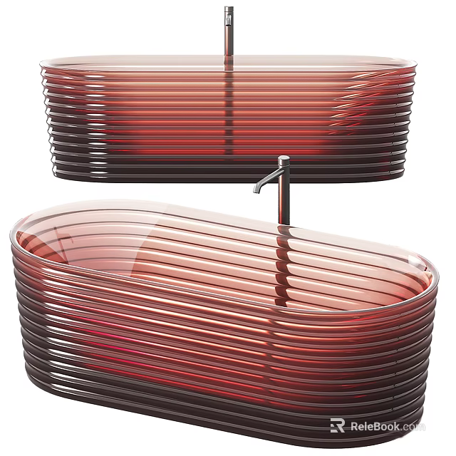 Modern Red Ribbed Transparent Bathtub With Layered Design And Chrome Faucet 3d model 
