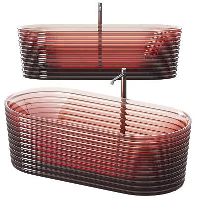Modern Red Ribbed Transparent Bathtub With Layered Design And Chrome Faucet 3d model