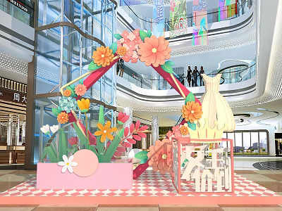 Colorful Flower Decorated Arch Photo Check-in Spot With Pink Base In Shopping Mall 3d model