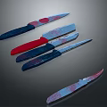 Sharp Weapon Knives Featuring Colorful Handles And Patterned Blades In Row