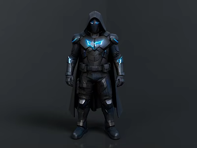 Hooded Warrior Character in Black Armor with Blue Glowing Accents 3D Render 3d model
