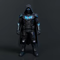 Hooded Warrior Character in Black Armor with Blue Glowing Accents 3D Render