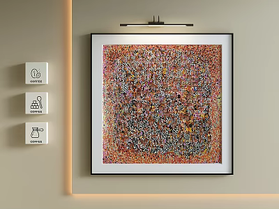 Vibrant Abstract Painting Hanging On Beige Wall With Small Decorative Blocks And Lighting 3d model