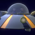 Futuristic UFO Structure Featuring Dome Orange Stripes Circular Components And Pipes