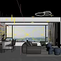 Modern Living and Dining Room Interior With Sofa Coffee Table Pendant Light And Bookshelves