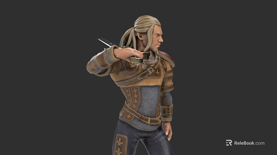 Man with Blonde Long Hair in Medieval Armor and Leather Outfit Holding Knife 3d model 