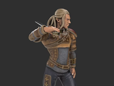 Man with Blonde Long Hair in Medieval Armor and Leather Outfit Holding Knife 3d model
