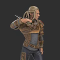 Man with Blonde Long Hair in Medieval Armor and Leather Outfit Holding Knife