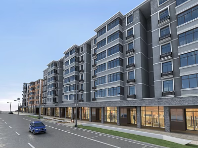 Modern Commercial Street With Multi Storey Buildings Ground Floor Shops And Glass Doors 3d model