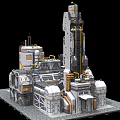 Cartoon Sci Fi Industrial Scene With Tower Structures Pipes Platforms White Orange Gray Base 3d model