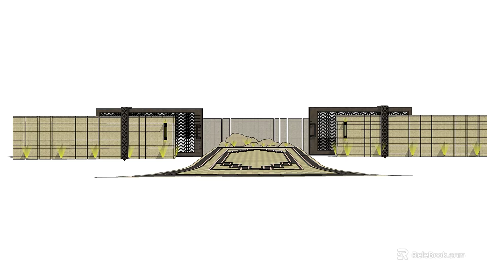 Modern Entrance Gate Architectural Design With Side Structures Lighting And Pathway 3d model